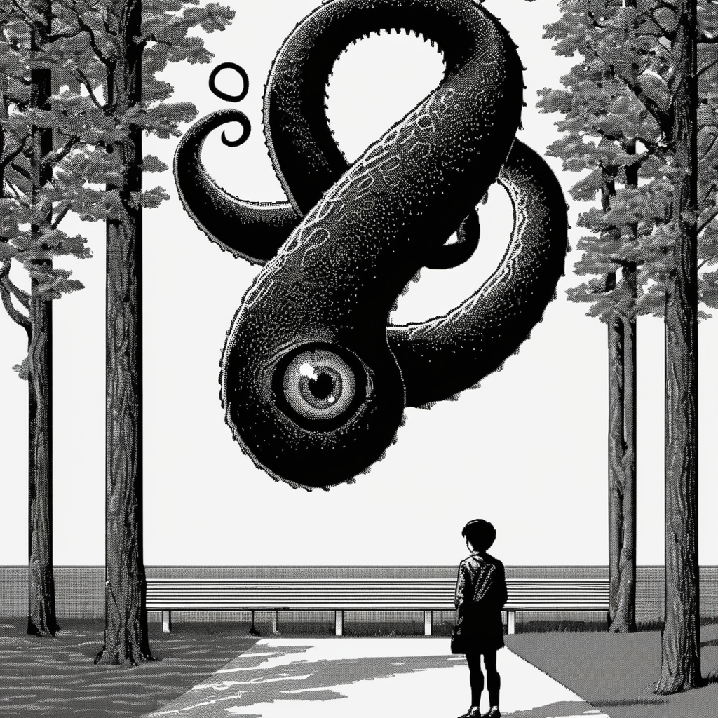 02862-3627034124-_lora_Macpaint-XL-000015_1_, Macpaint, black and white pixel image a tentacle monster with a giant eye scared of a chihuaha in t.png